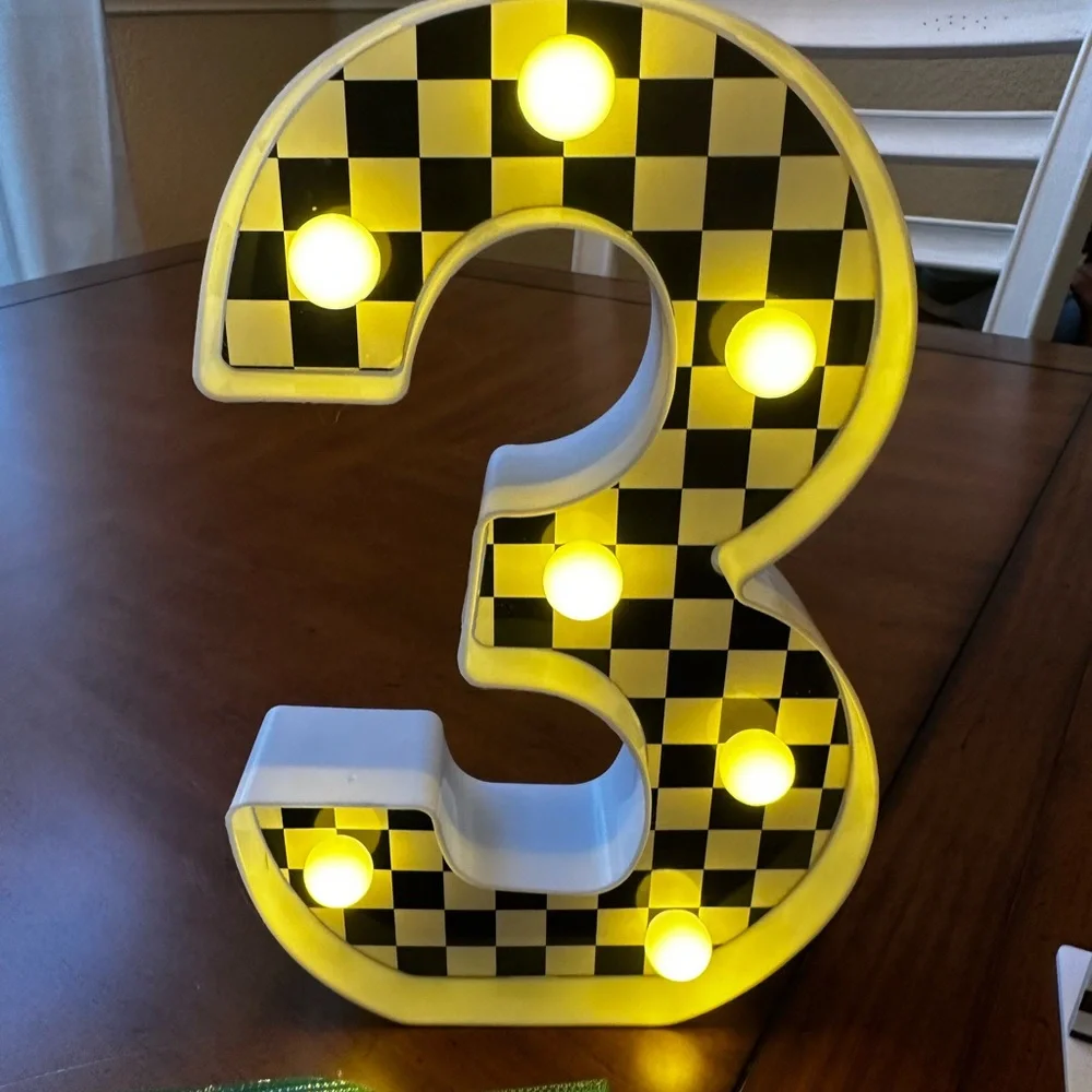 Race Flag Black & White Check Party Banner with Light-Up Number 3